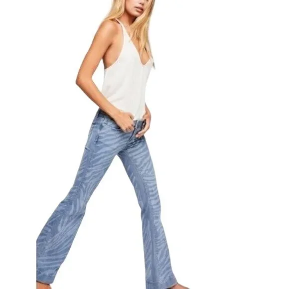 Free People Blue Low Tide Zebra Print Flare Jeans - Picture 1 of 4